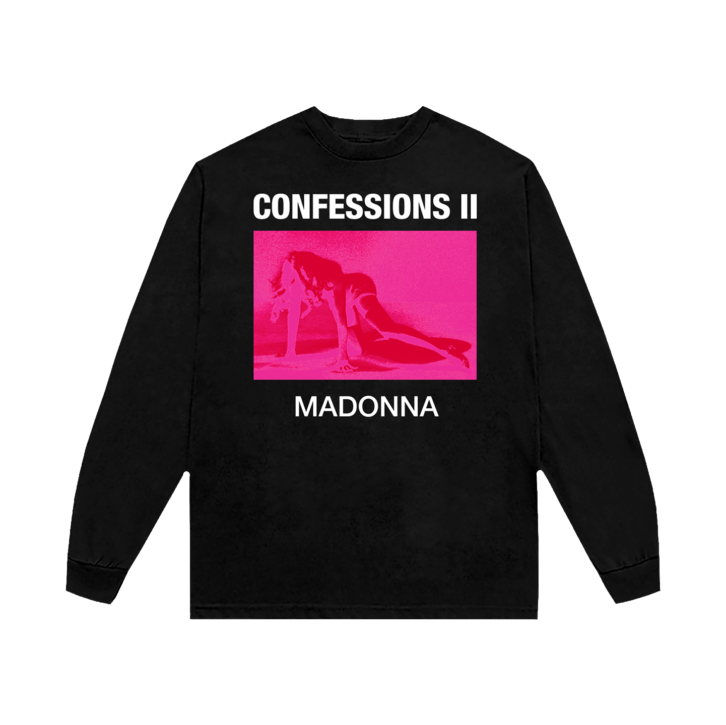 Black long-sleeve shirt with 'Confessions II' and 'Madonna' text and pink graphic.