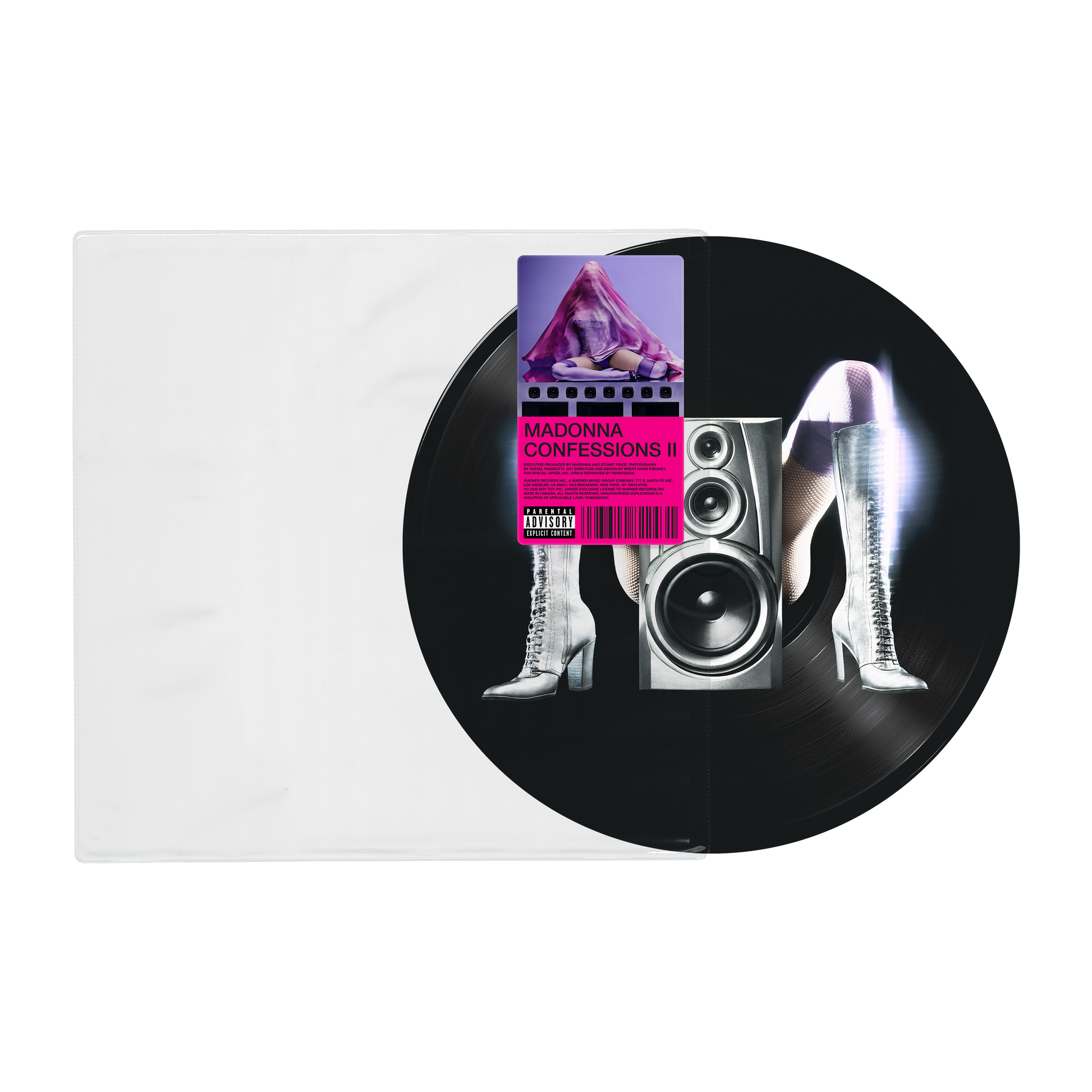 a black picture disc lp with legs and a speaker in the middle of it outside the clear plastic cover.