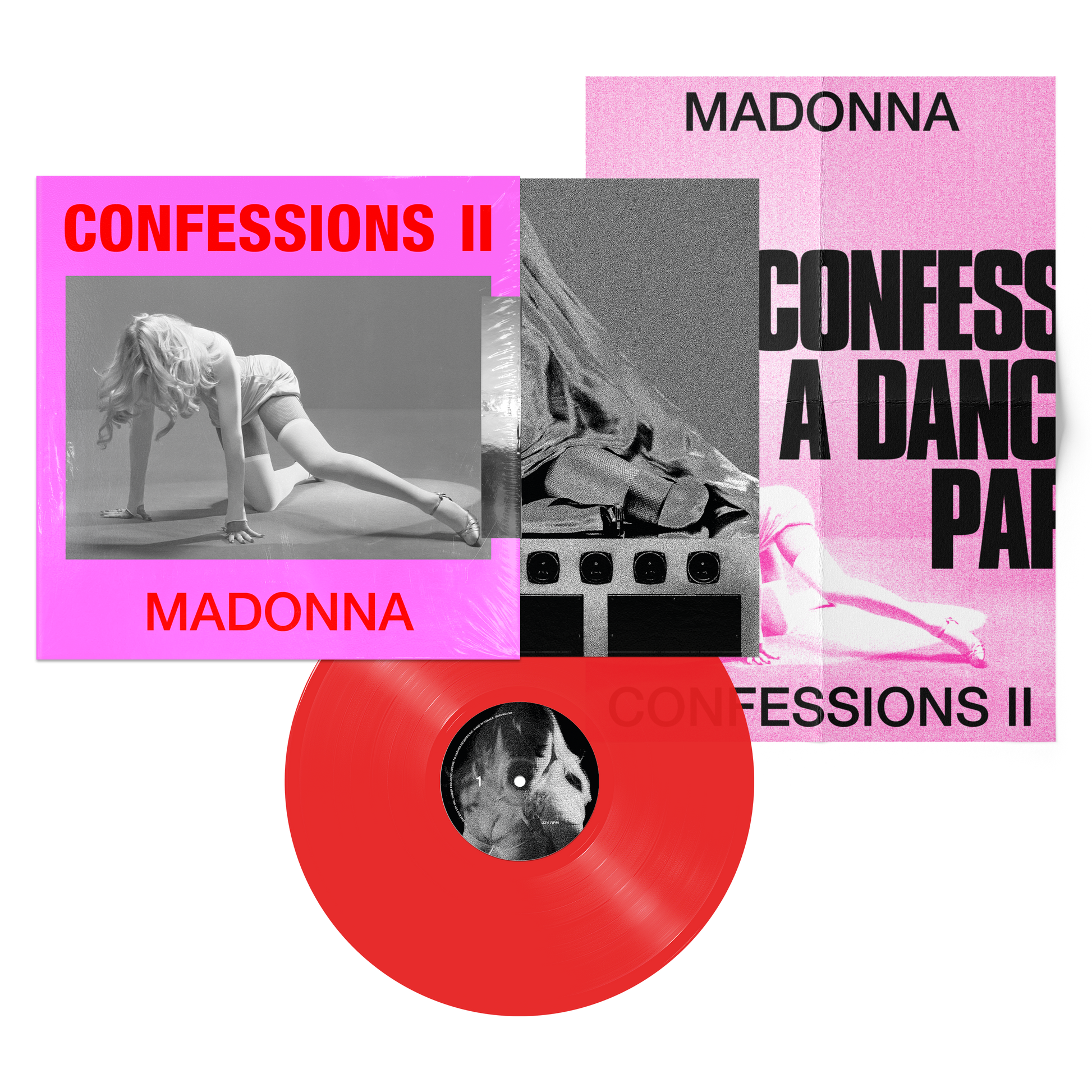 Collage of Madonna album cover and a red vinyl record with a poster.