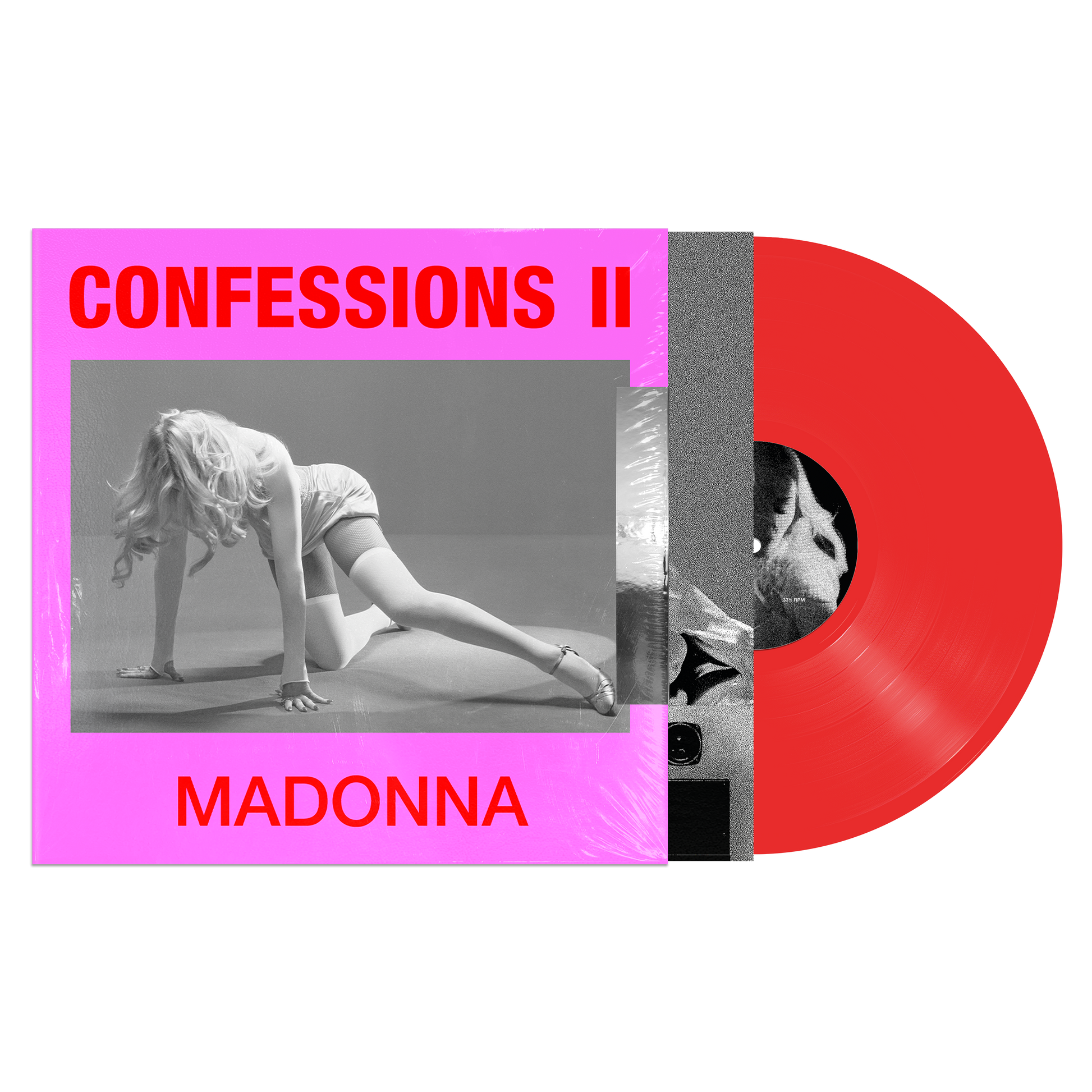 Vinyl record with pink cover featuring a black and white photo of Madonna, text 'Confessions II' and 'Madonna'.