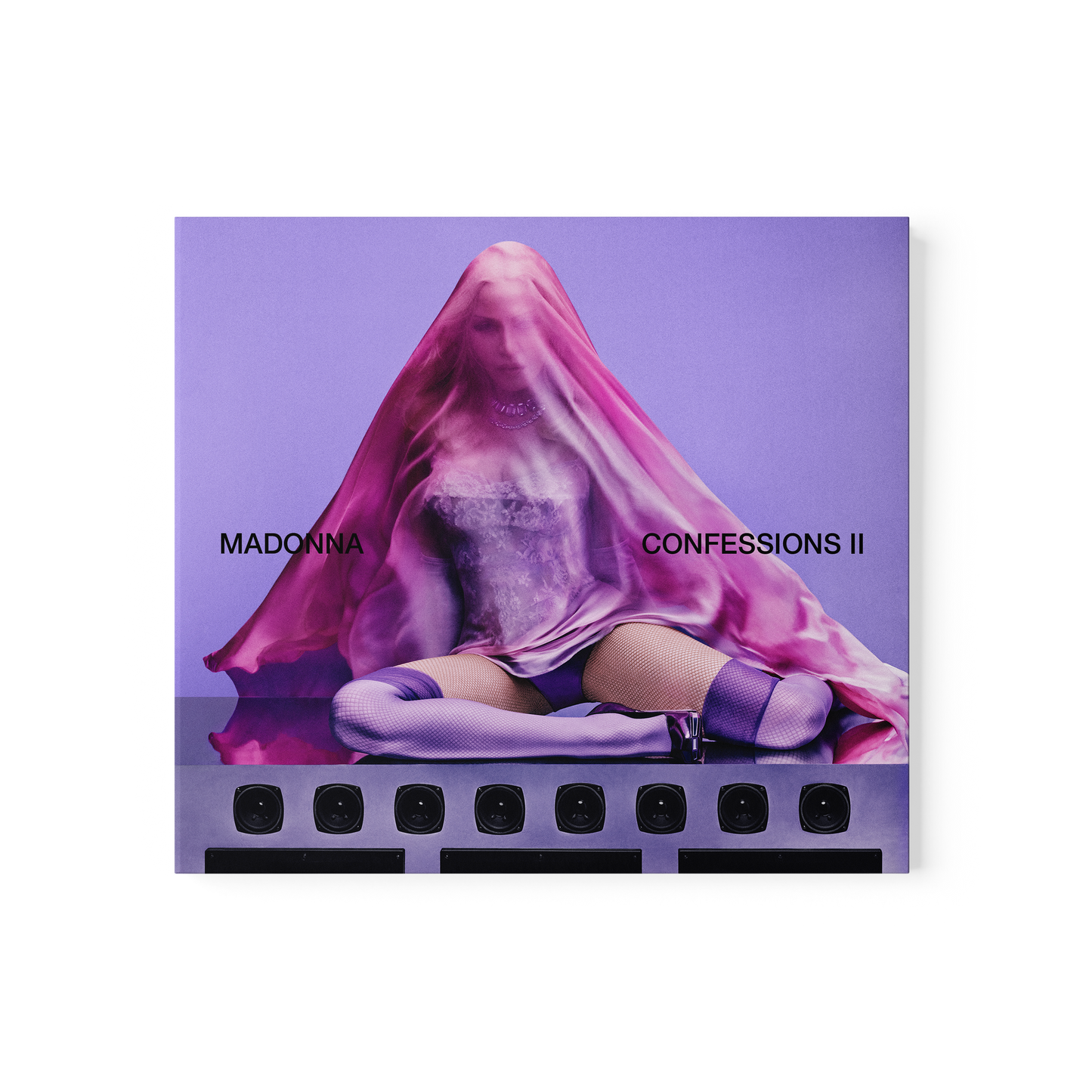 Album cover for 'Confessions II' by Madonna with a purple background and draped fabric.